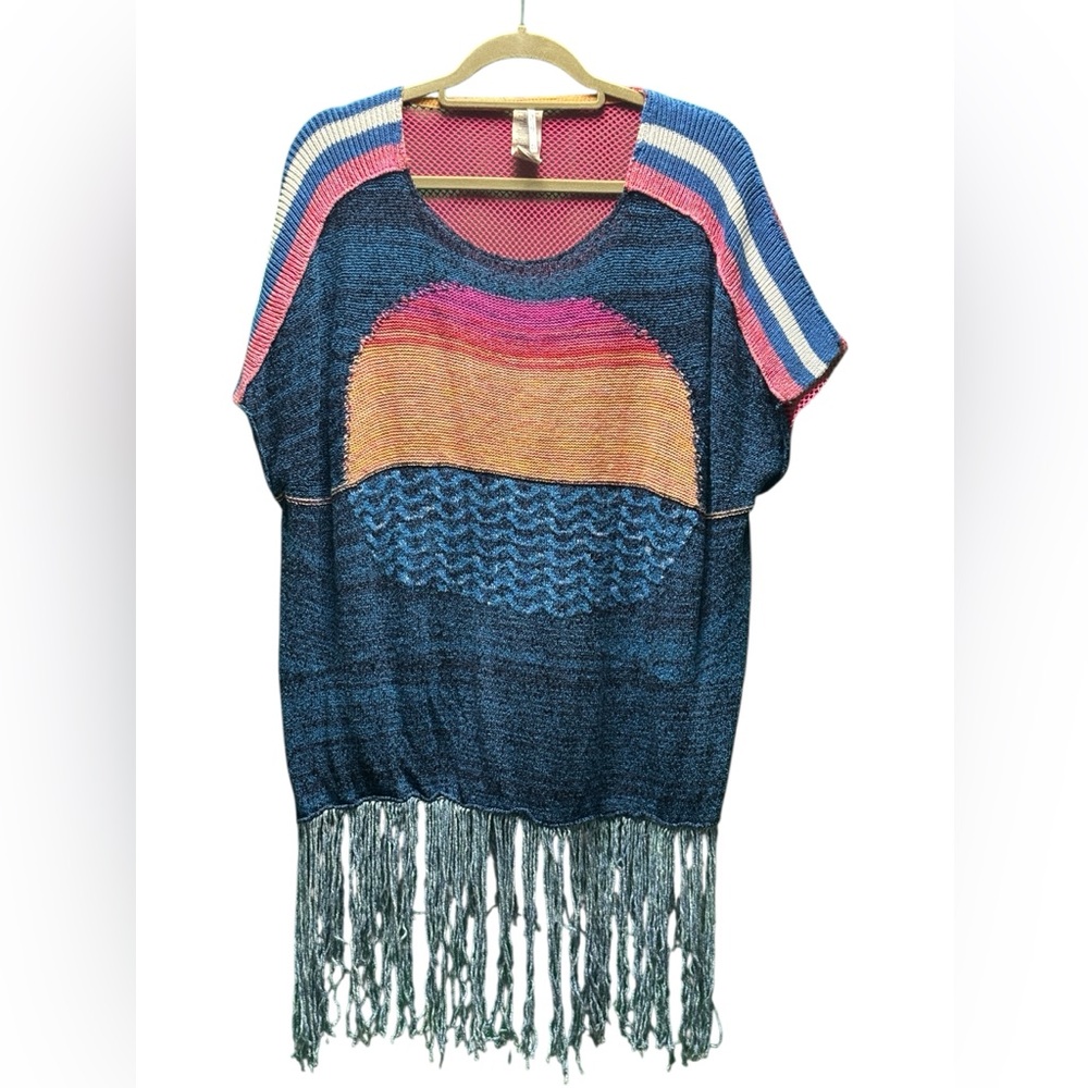 Free People Multicolor Striped Knit Fringe Tunic | Boho Poncho Top M/L